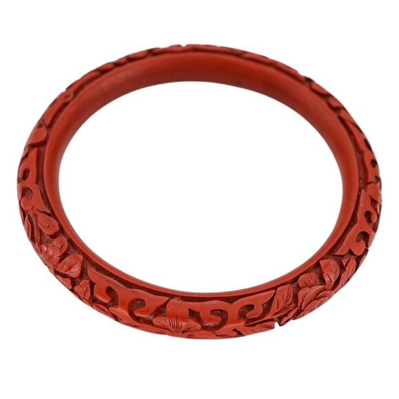 Hand Carved Red Cinnabar Lacquer Bangle Bracelet Floral & Scroll Chinese Export - Picture 5 of 11